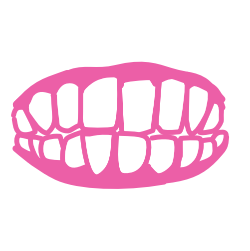 A set of teeth sitting together. The gums are bright pink and the teeth are white, there is no shading or color variation.